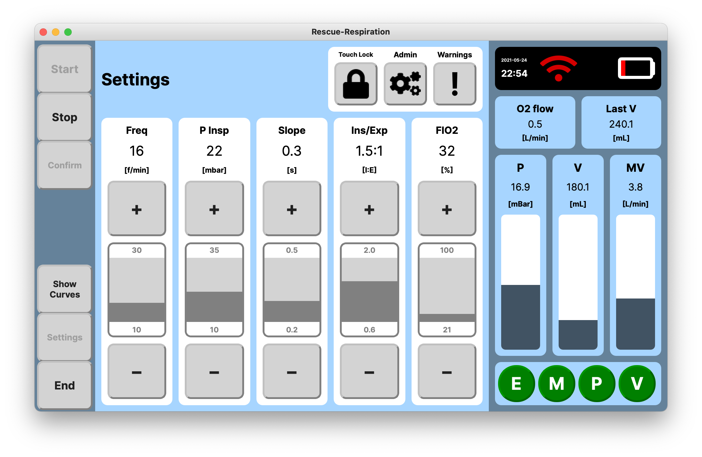 Settings View of the ventilatior GUI